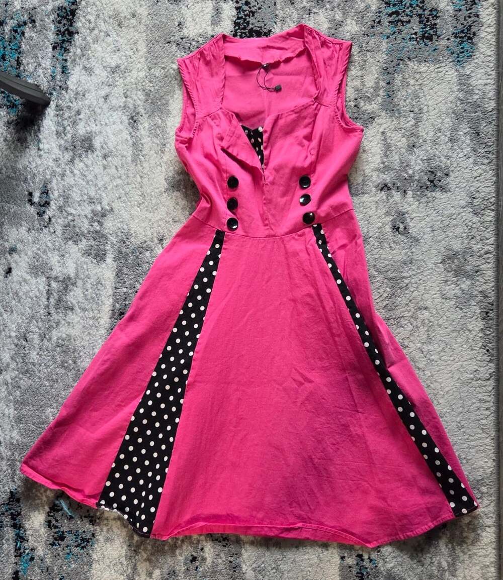 Pinup Couture Flare Dress Size M Pink Black Polka Dot Sleeveless